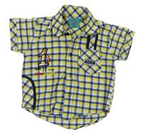 Modro-žluto-bílá kostkované košile s číslem a kapsou
