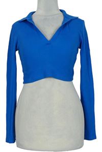 Dámské modré žebrované crop triko s límečkem Zara 