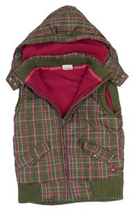 Khaki-růžová kostkovaná šusťáková zateplená vesta s kapucí Yigga