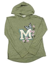 Khaki melírované úpletové mikinotriko s písmenkem a motýlkem a kytičkami a kapucí H&M