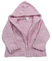 Růžový melírovaný žinylkový propínací svetr s kapucí 