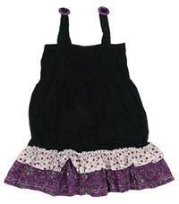 Černo-fialové žabičkové šaty s volány s kytičkami 