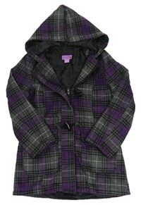 Tmavošedo/fialovo-černý kostkovaný vlněný podšitý kabát s kapucí 