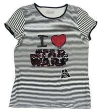 Bílo-černé pruhované tričko s nápisy z překlápěcích flitrů - Star Wars zn. M&S