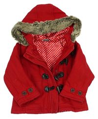 Červený vlněný  zateplený kabát s kapucí s kožíškem George