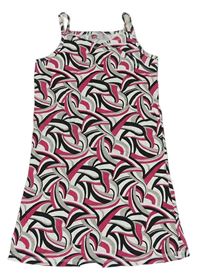 Bílo-růžovo-černo-šedé vzorované bavlněné šaty 