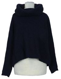 Dámský tmavomodrý crop vlněý svetr s komínovým límcem Zara 