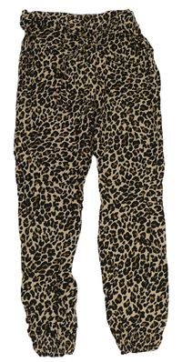 Béžovo-černé lehké kalhoty s leopardím vzorem a páskem 