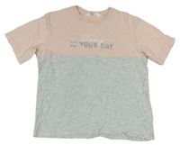 Šedo-světlerůžové tričko s nápisem H&M