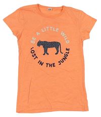 Neonově oranžové tričko s nápisy a leopardem 