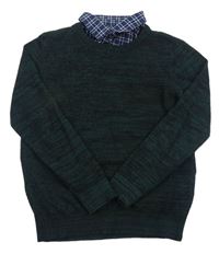 Tmavozeleno-černý melírovaný vzorovaný svetr se všitou košilí Matalan