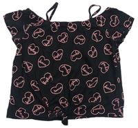Černé tričko s růžovými srdíčky s nápisy a volnými rameny a uzlem