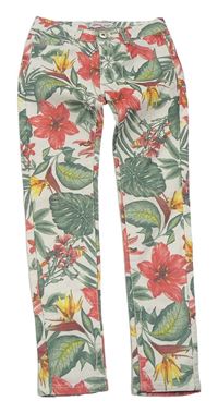 Smetanové květované plátěné skinny kalhoty