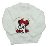 Bílý chlupatý oversize svetr s Minnie a srdíčkem z flitrů zn. Disney