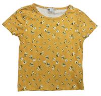 Hořčicové žebrované crop tričko s kytičkami PRIMARK
