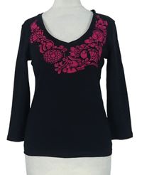 Dámské černé triko s růžovými květy M&S