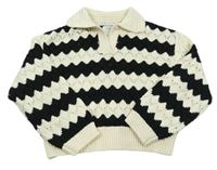 Smetanovo-černý perforovaný crop svetr s límečkem Zara