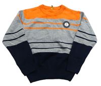 Šedo-tmavomodro-oranžový pruhovaný svetr s výšivkou 