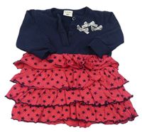 Tmavomodro/růžové teplákovo/bavlněné šaty s mašličkami a hvězdičkami a volánky My Little Bear