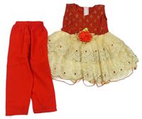 2set - Červené lehké tepláky + červeno-krémová šatová tunika s 3D květem a kamínky