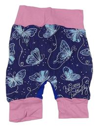 Tmavomodro-růžovo-safírové teplákové turecké kalhoty s motýlky