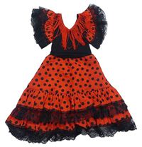 Kostým - Červeno-černé puntíkaté šaty s volánky a třásněmi a krajkou s kytičkami 