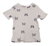 Pudrové žebrované tričko s motýly