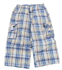 Bílo-modro-barevné kostkované šusťákové crop kalhoty s kapsami
