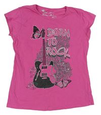 Růžové tričko s kytarou a nápisy s kamínky Matalan