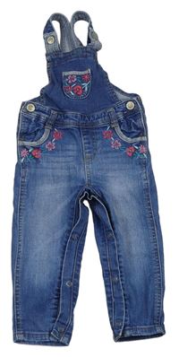 Modré riflové laclové kalhoty s výšivkami květů zn. Mothercare