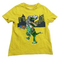 Žluté tričko s dinosauram z flitrů C&A