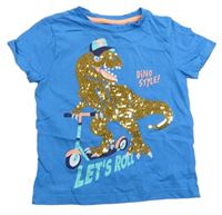 Modré tričko s dinosaurem z flitrů F&F