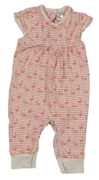 Smetanovo-růžový pruhovaný kalhotový overal s plameňáky Topomini