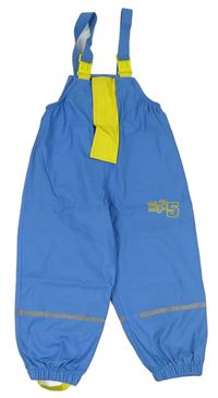 Modré nepromokavé laclové kalhoty se žlutým pruhem a nápisem Lupilu