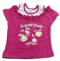 Tmavorůžovo-bílé tričko s ovoce m a volnými rameny 