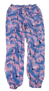 Růžovo-modré letní kalhoty s listy a ptáčky Alive