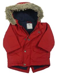 Červená šusťáková zateplená bunda s kapucí s kožíškem Next