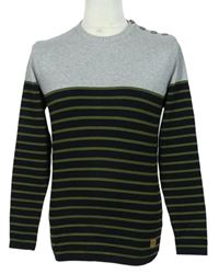 Pánský khaki-černo-šedý pruhovaný svetr 