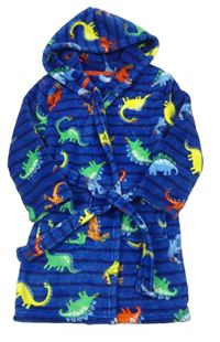 Modrý pruhovaný chlupatý župan s dinosaury a kapucí