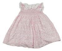Bílo-růžové kytičkované plátěné šaty s volánky s madeirou a límečkem M&Co