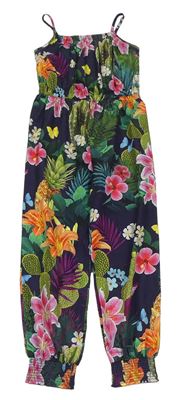 Tmavomodro-barevný květovaný lehký kalhotový overal Bluezoo