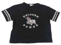 Černé crop tričko s jednorožcem z flitrů Primark