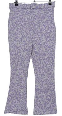 Dámské lila kytičkované zvonové kalhoty s páskem Primark 