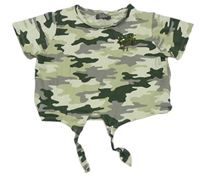 Světlezeleno-zeleno-šedé army crop tričko s palmami z flitrů Primark