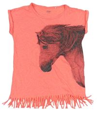 Neonově oranžové tričko s koněm a třásněmi Yigga