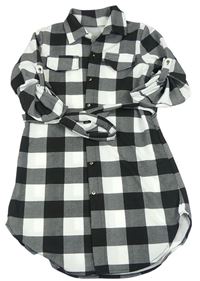 Černo-bílé kostkované vzorované propínací košilové šaty s páskem