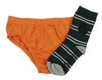 2set - Oranžové slipy + tmavozeleno-šedé pruhované ponožky s hadem - Harry Potter