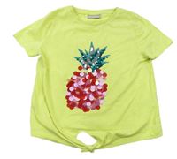 Limetkové crop tričko s ananasem z pajetek a flitrů a uzlem Matalan