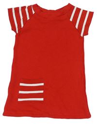 Červené teplákové šaty s bílými pruhy a kapsičkou 