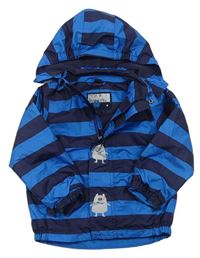 Tmavomodro-modrá pruhovaná šusťáková jarní bunda s příšerkami a odepínací kapucí POCOPIANO